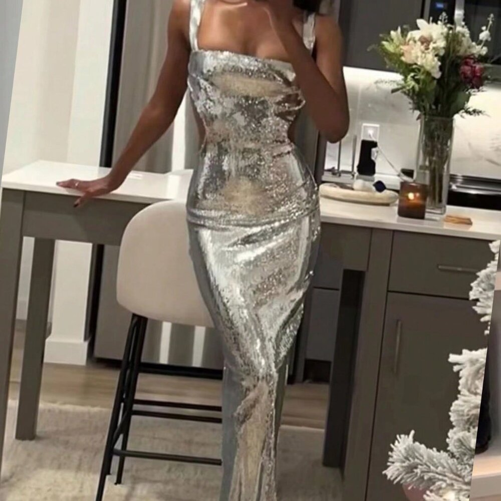 Silver Women's Metallic Sequin Square Neckline Backless Cocktail maxi dress - Picture 3 of 5
